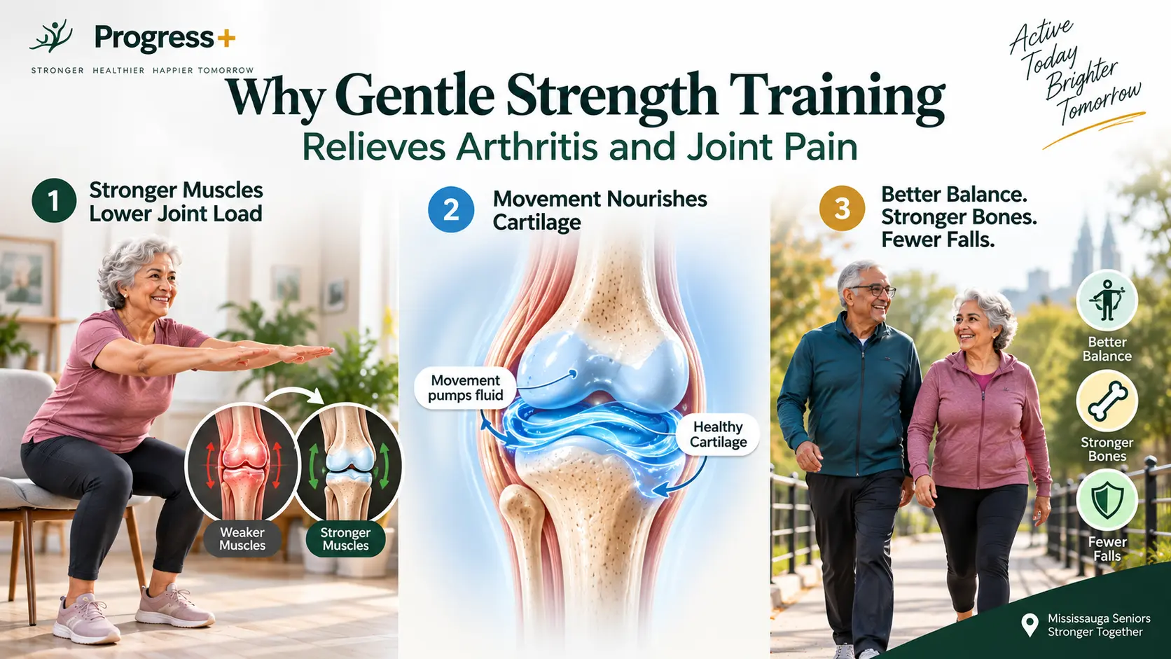 Why gentle strength training relieves arthritis and joint pain — stronger muscles lower joint load, movement nourishes cartilage, better balance and stronger bones