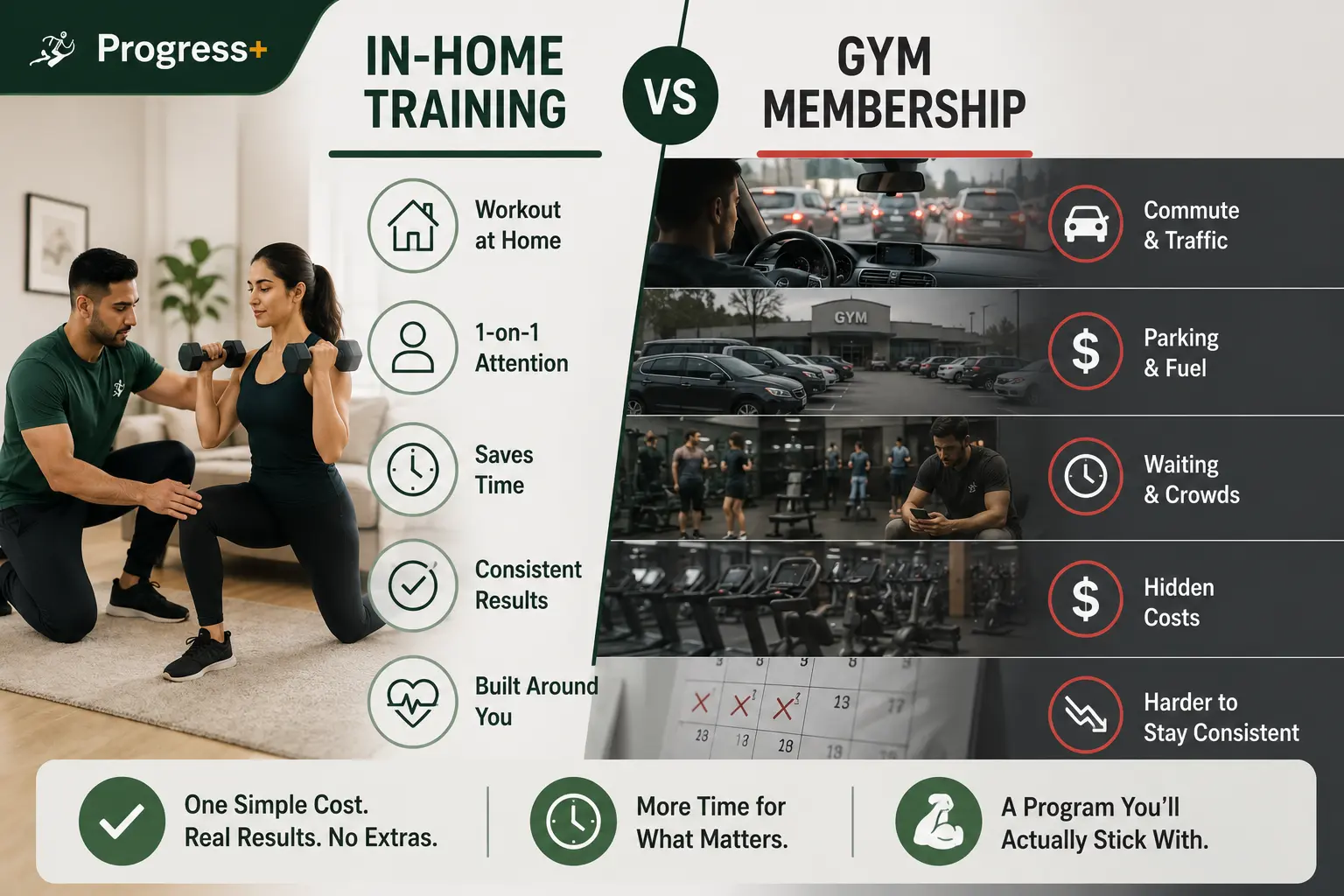 In-home personal training compared side-by-side with a traditional gym membership, showing commute time, parking, waiting for equipment, hidden costs, and consistency