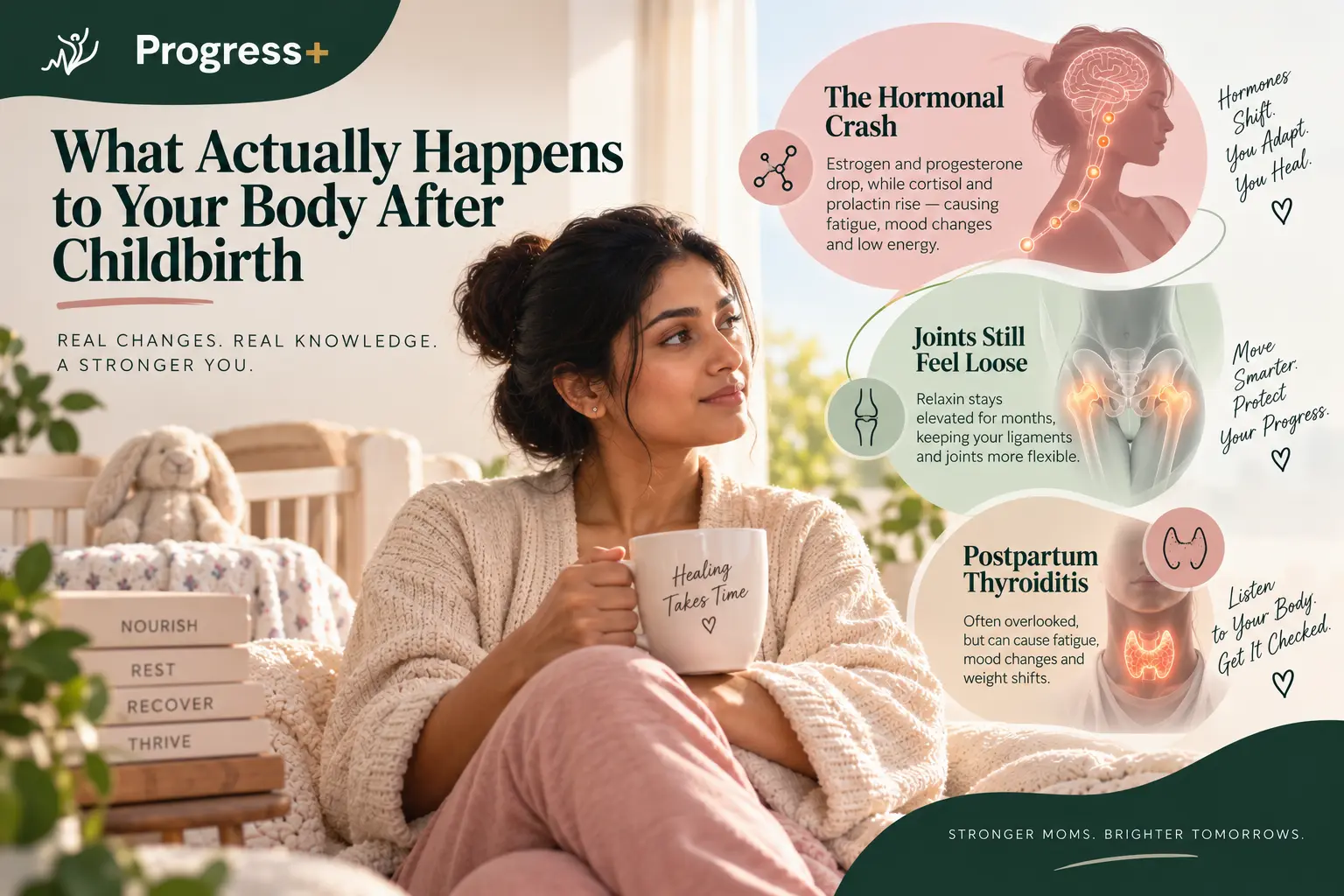 Overview of what happens to a woman's body after childbirth including the hormonal crash, joint laxity from relaxin, and postpartum thyroiditis