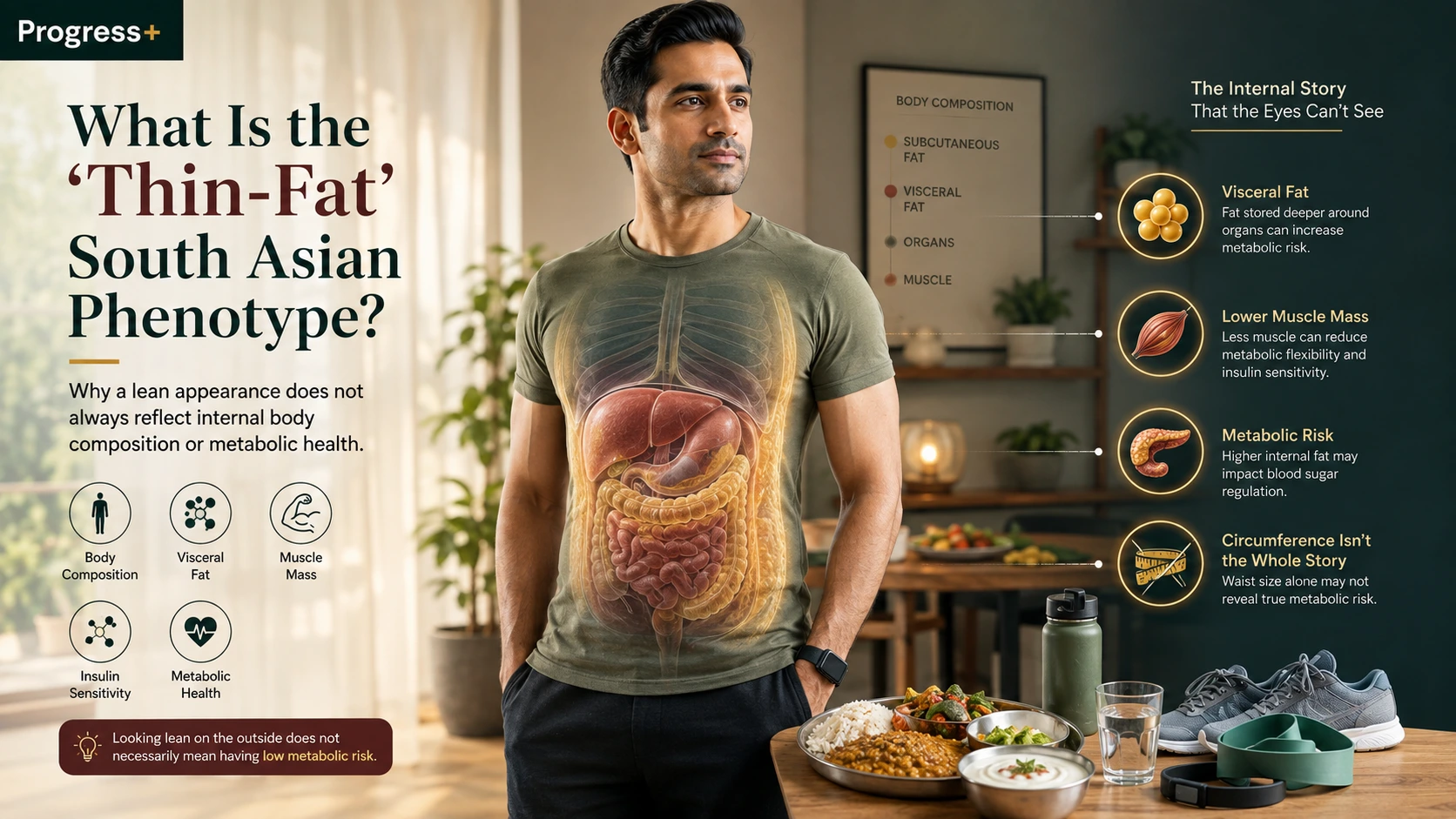 Illustration of the thin-fat South Asian phenotype showing visceral fat, liver fat, and lower muscle mass despite a lean external appearance