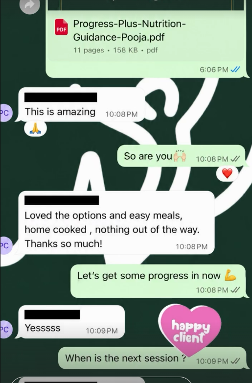 Client conversation praising Progress+ personalized nutrition guidance in Mississauga.