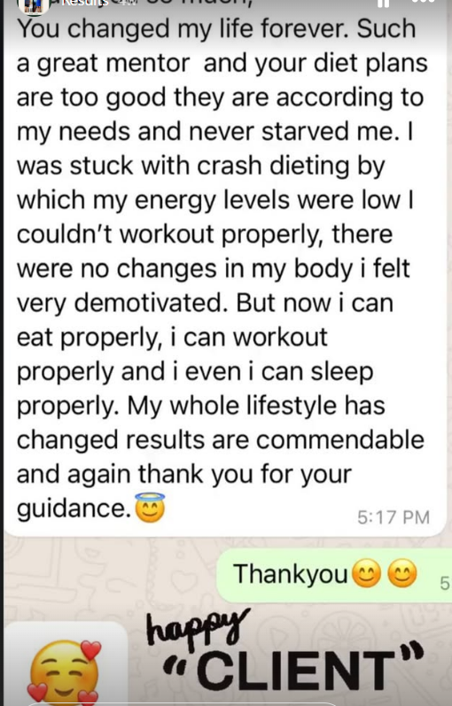 Client testimonial after switching from crash dieting to Progress+ in home training and nutrition guidance.