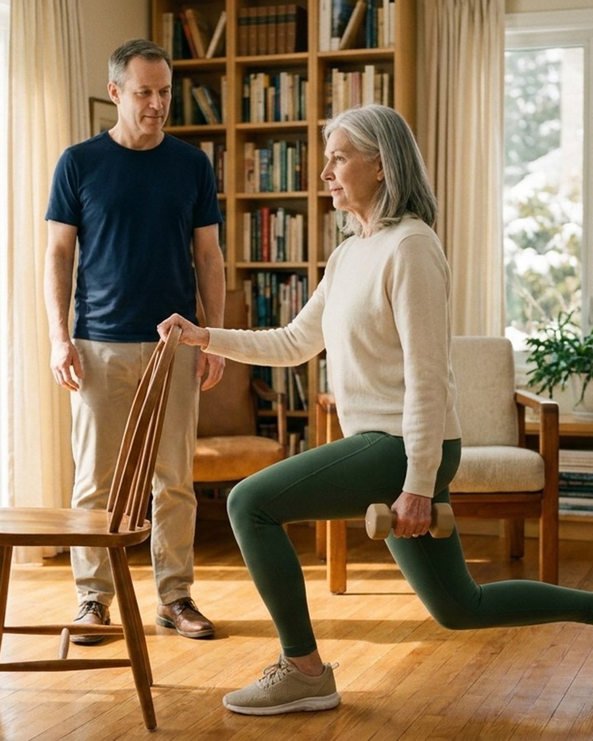 Registered Kinesiologist guiding a senior through prescribed balance and strength programming in their Ontario home