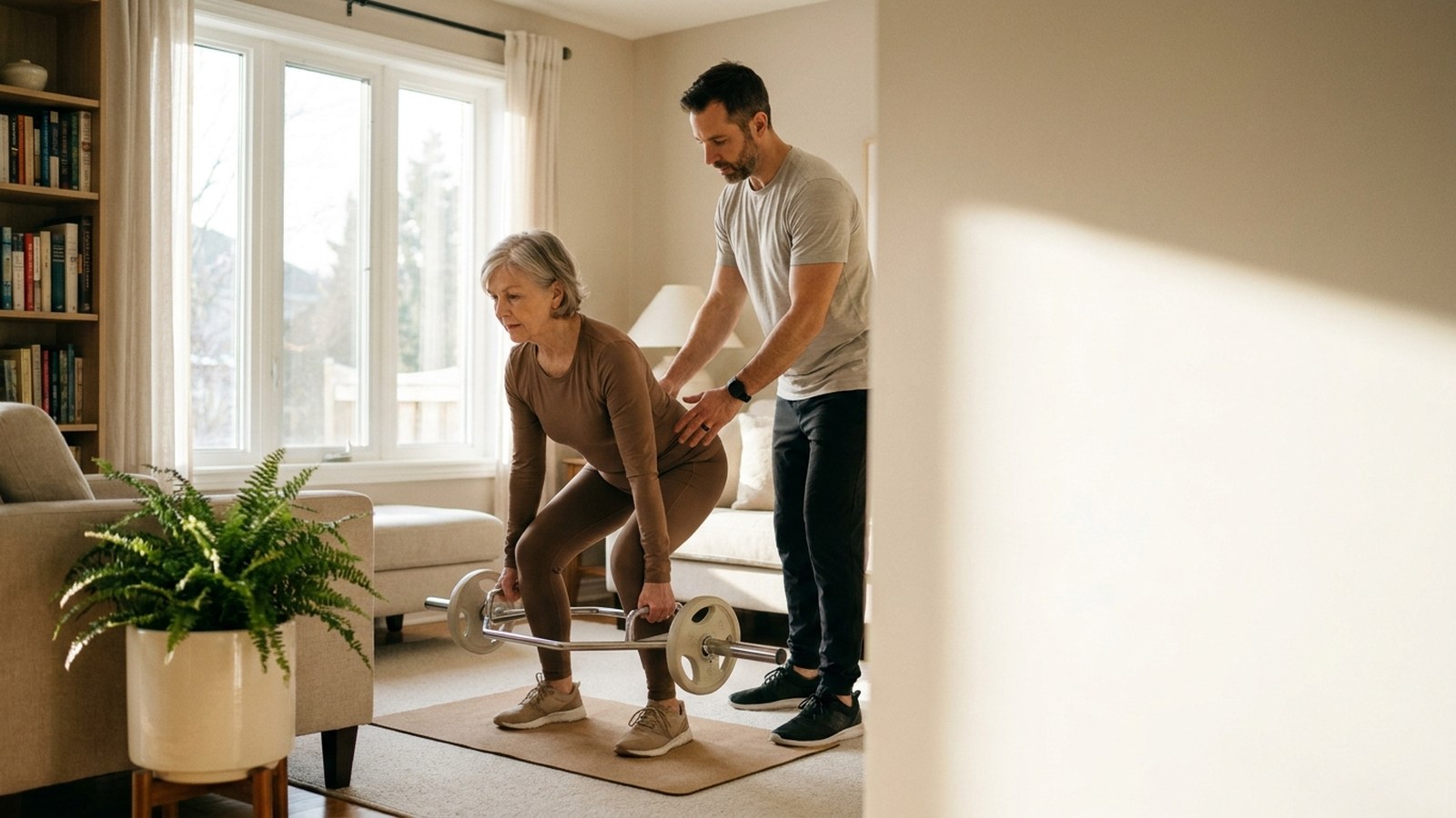 R.Kin coaching a controlled deadlift for bone density preservation with an older adult in their Ontario home