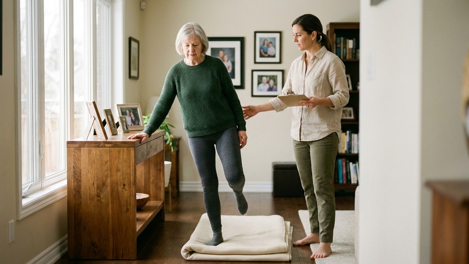 Registered Kinesiologist running validated balance and reactive-step training with an older adult in their Ontario home