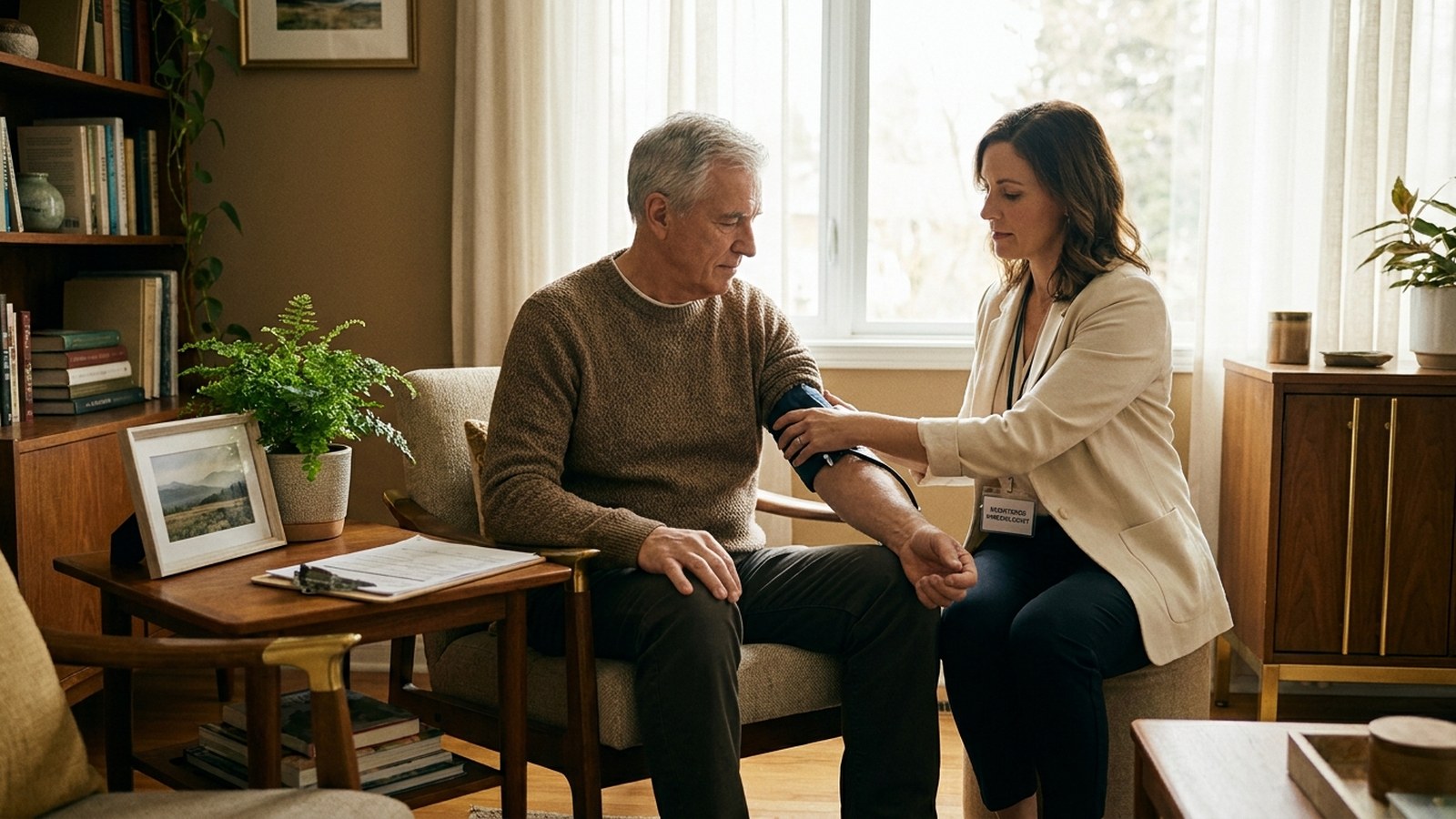 Registered Kinesiologist measuring blood pressure for an adult managing hypertension during an in-home supervised exercise session