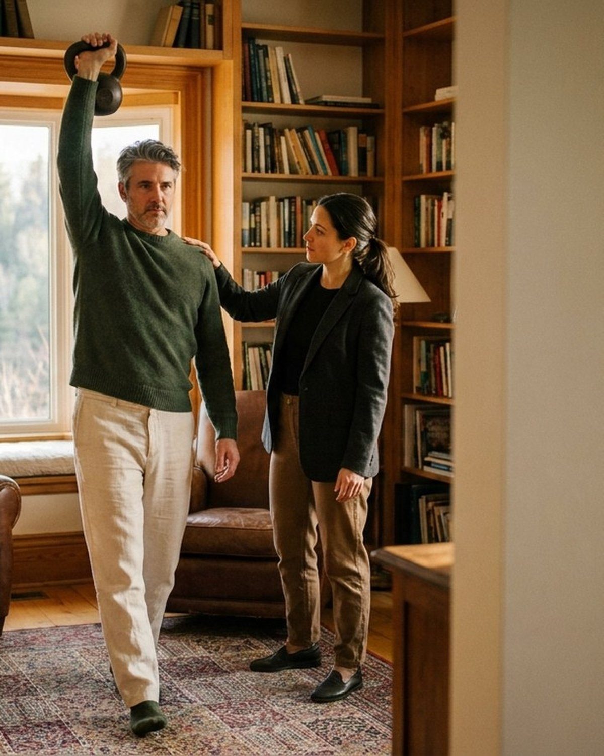 Mid-40s Progress+ client performing a single-arm overhead kettlebell carry across a sunlit Ontario home study — premium in-home longevity and performance training
