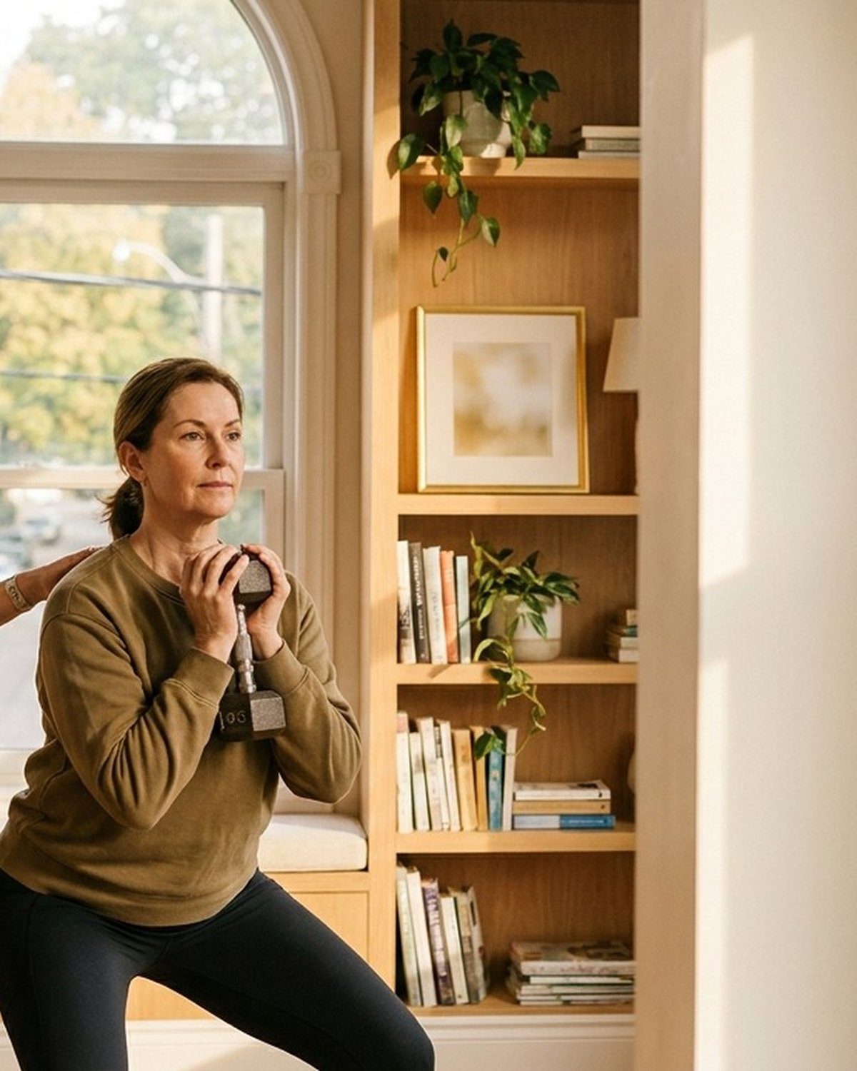 Woman in perimenopause performing prescribed resistance training for bone density and metabolic health in her Toronto home
