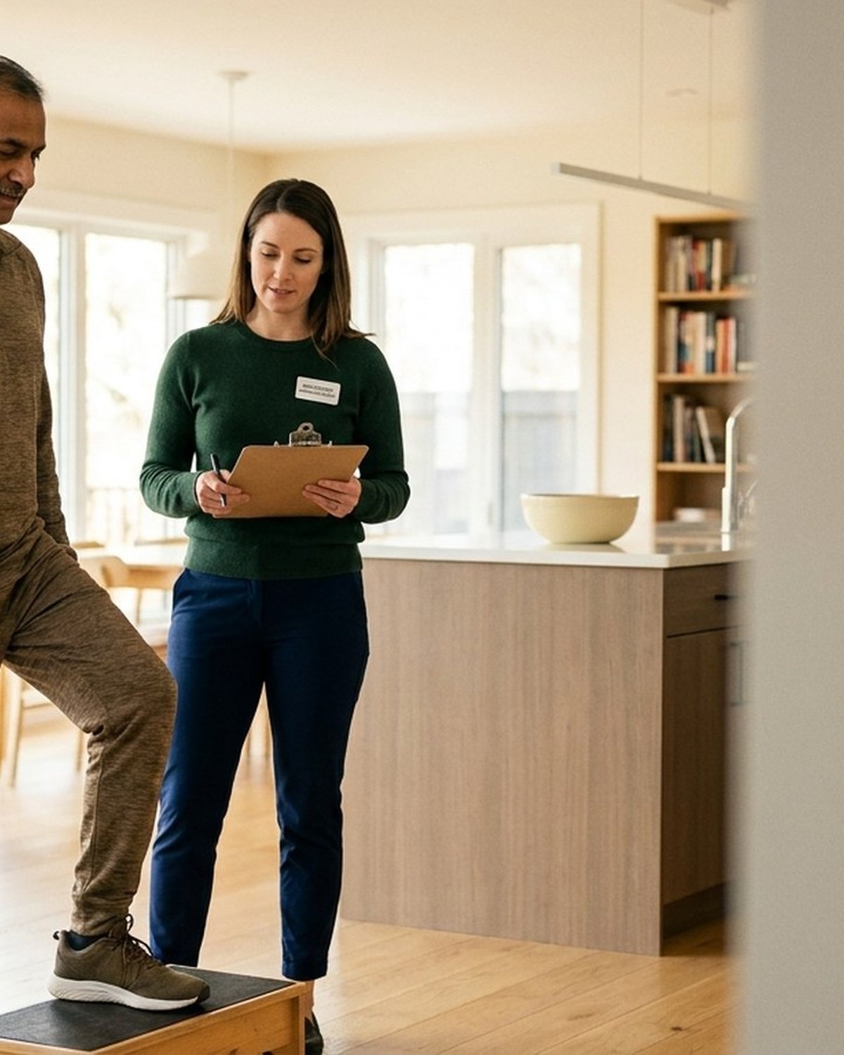 South Asian adult performing R.Kin-supervised step training for Type 2 diabetes management in their home