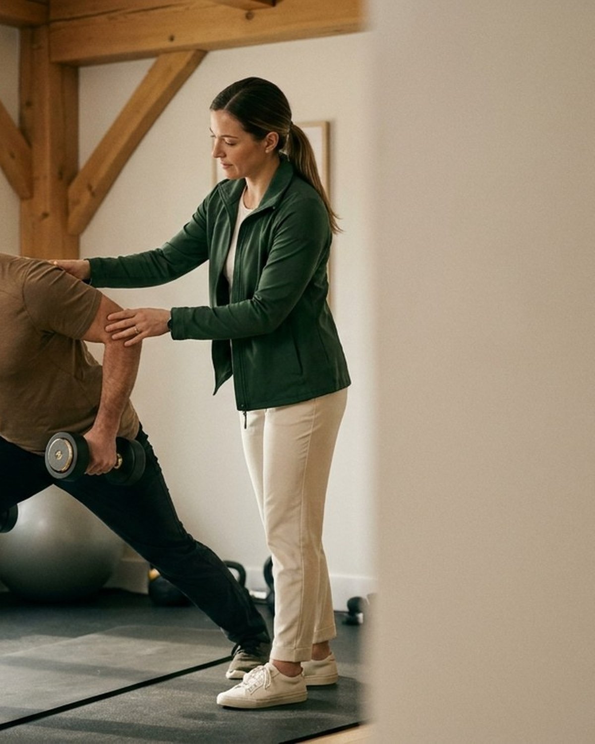 Registered Kinesiologist coaching adult hypertrophy training in a residential home setup — progressive overload supervised in a Toronto home