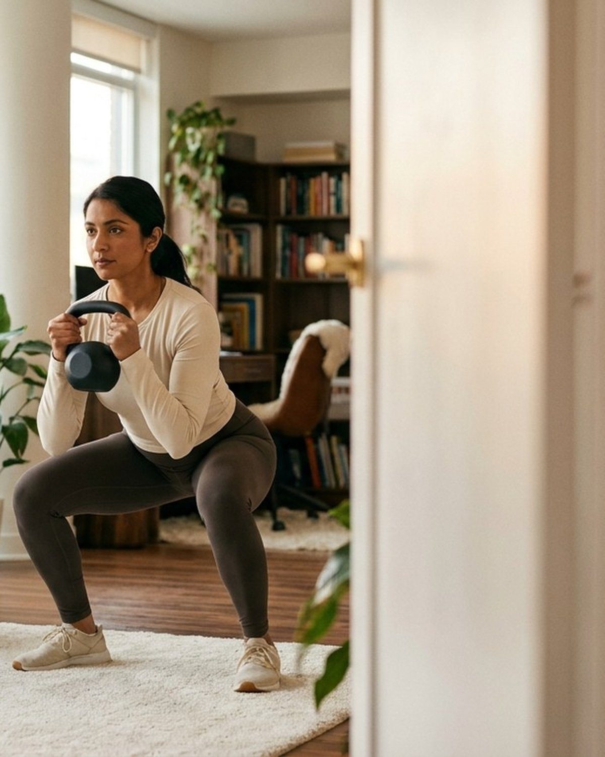 South Asian woman performing R.Kin-prescribed goblet squat in her Toronto condo — supervised strength programming for PCOS and hormonal regulation