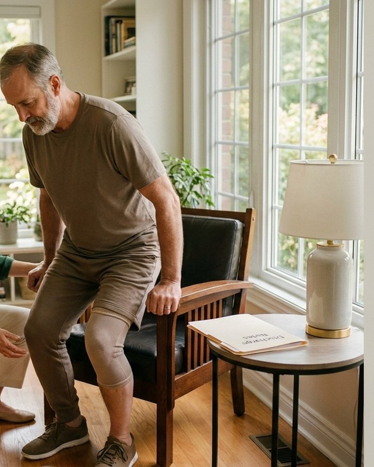 Progress+ R.Kin guarding a client's knee through a single-leg sit-to-stand in their Ontario home — post-physio return-to-function session