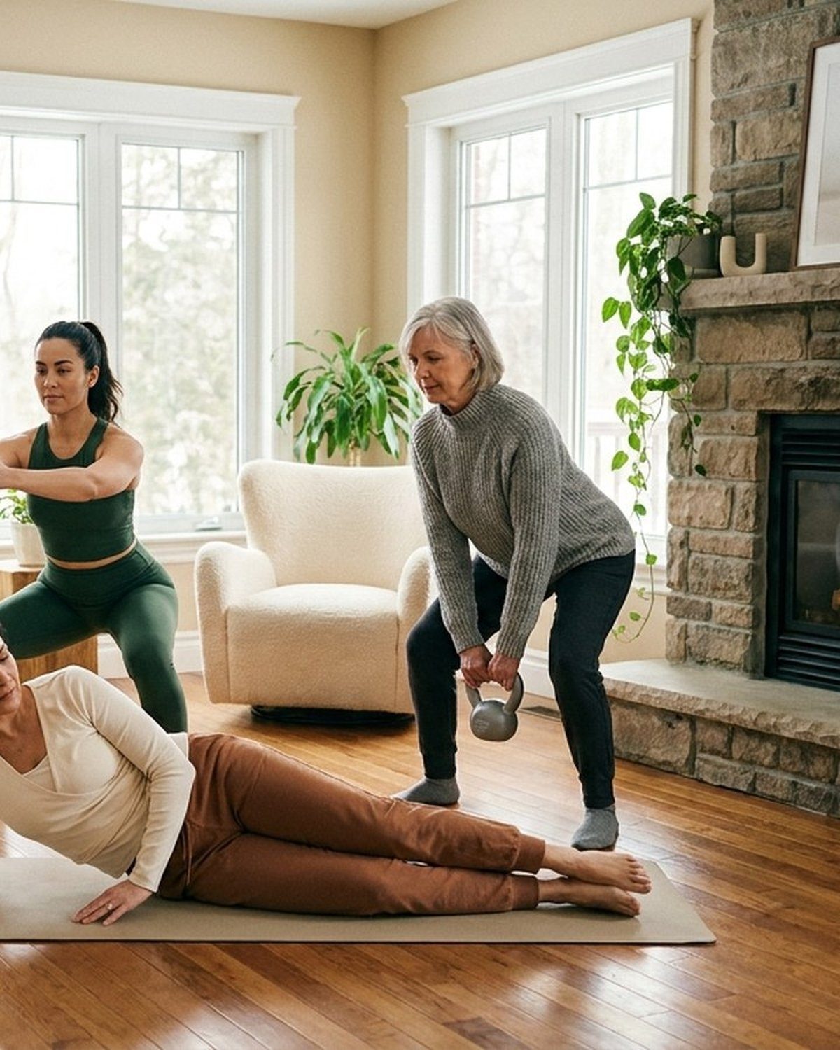 Three Progress+ women's-health clients across life stages training in a private Ontario living room — concierge in-home programming