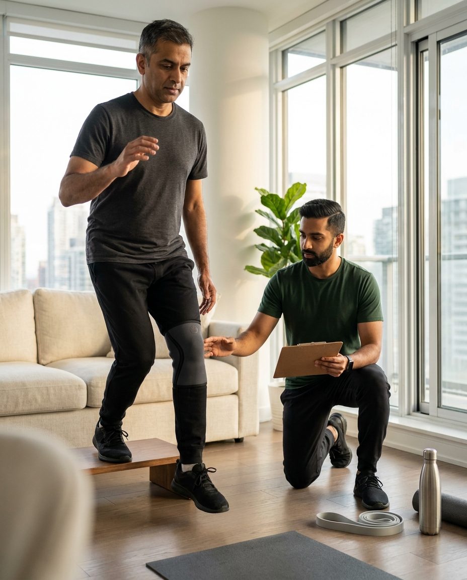 Registered Kinesiologist supervising a movement screen in a client's living room — R.Kin-led injury prevention and post-physio return to function