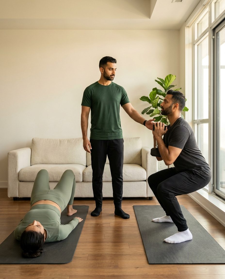 Progress+ R.Kin-supervised trainer coaching a husband and wife through two different prescribed exercises simultaneously in their living room