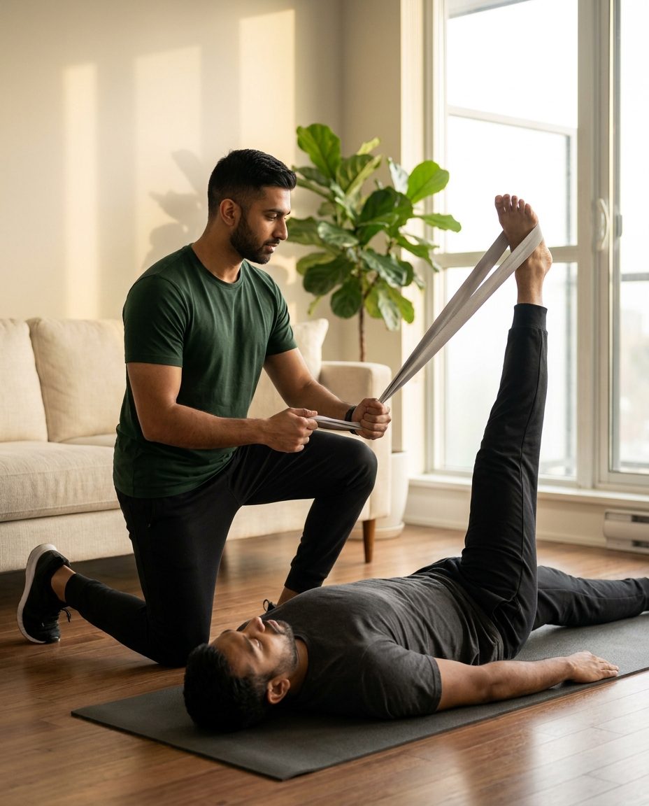 Progress+ Registered Kinesiologist guiding a client through prescribed mobility work in their living room — concierge in-home training delivered to your door